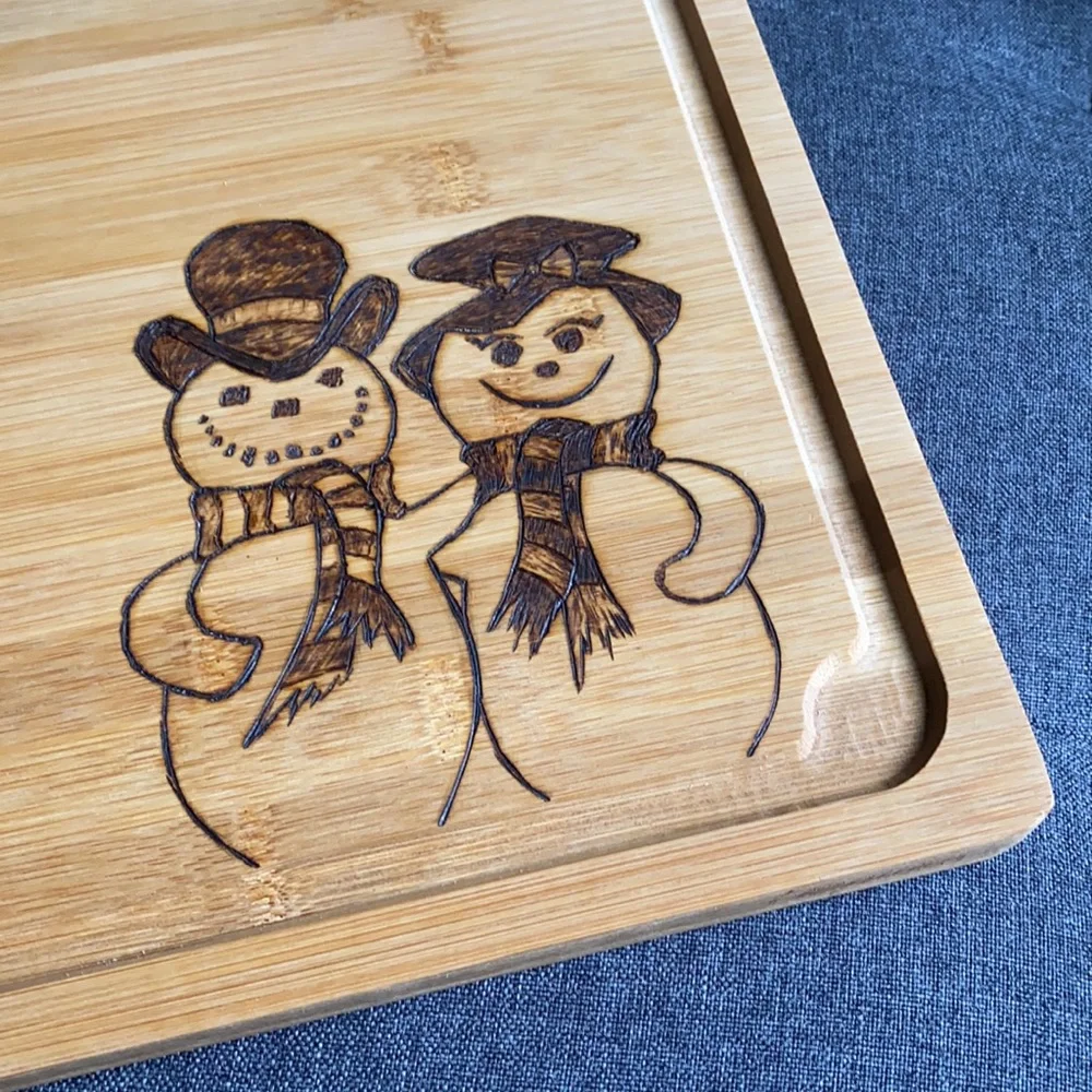 Adorable Woodburned Snowman Couple Cutting board charcuterie - Picture 1 of 5